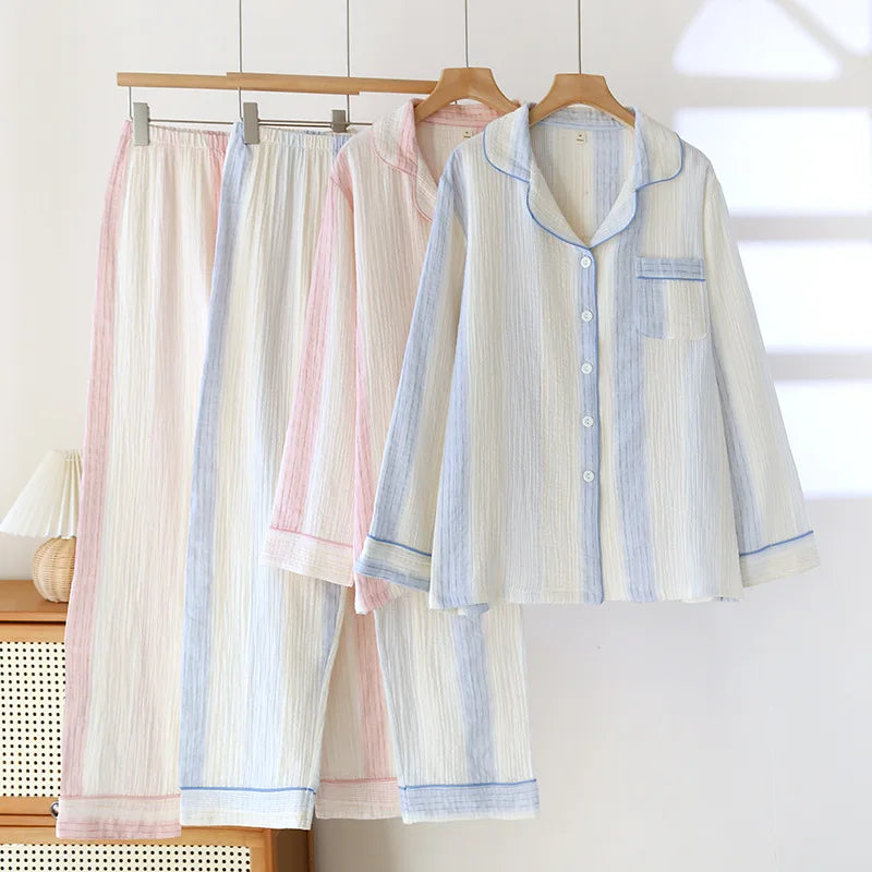 Cotton Sleepwear Striped Printed Home Clothes Long Sleeved Long Pants Spring and Summer New Style Casual Wear Pajamas Set