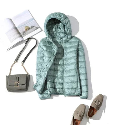 Women's Fashion Hooded Short Puffer Jackets 2025 New Spring Winter 90% White Duck Down Lightweight Packable female Warm Parka