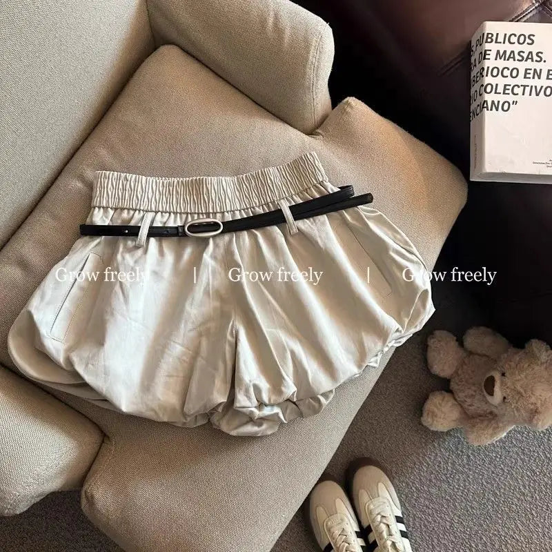 Women High Waist Casual Summer 2025 Elastic Waist Shorts Korean Style Blooming Skirt Pants with Belt