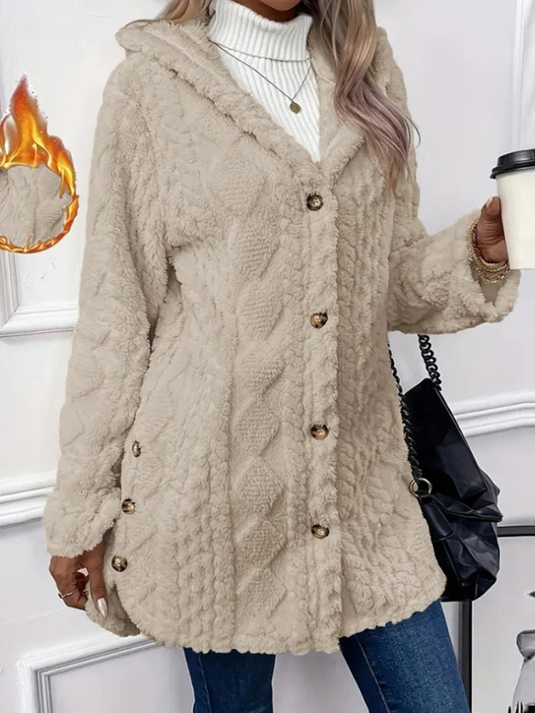Thickened Plush Button Hooded Women's Cardigan Solid Color Long Sleeved Warm Sweaters Fashion Single-breasted Woman Clothing