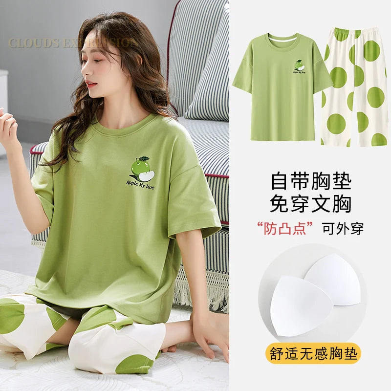 Summer Nightwear Pj Young Womens Pajama Sets Bust-Padded Pyjamas Femme Cartoon Sleepwear Female Loungewear Pijama Mujer Homewear