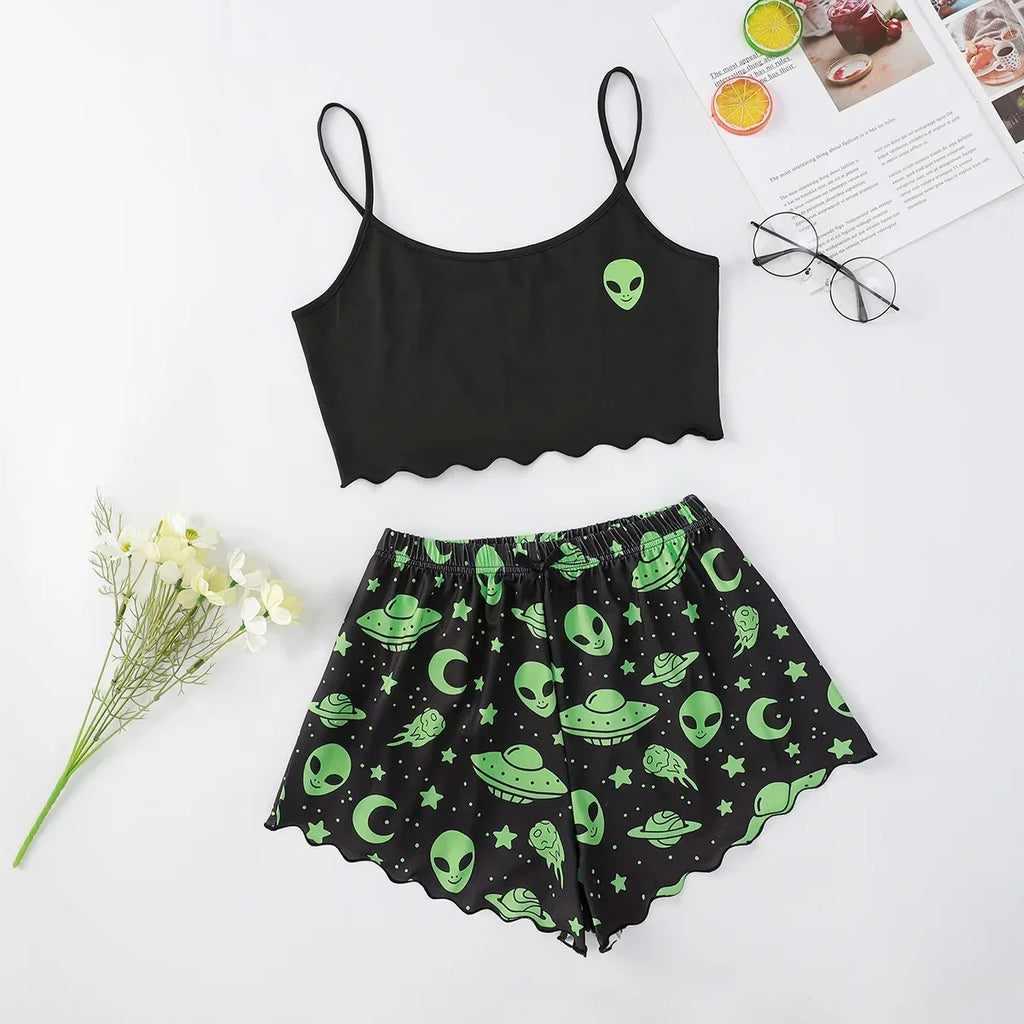 Summer Pajamas Women's Sexy Alien Print Sling Sleepwear V-Neck Pyjamas Homewear Sleeveless Cute Top And Shorts Sets