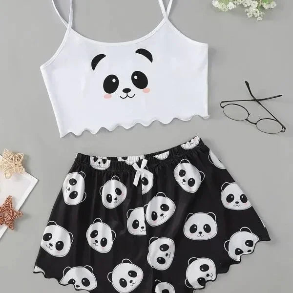 Comfortable Thin Knitted Vest Strap Home Sleepwear Set for Women Summer Season Print Pattern Home Leisure Women's Nightgown