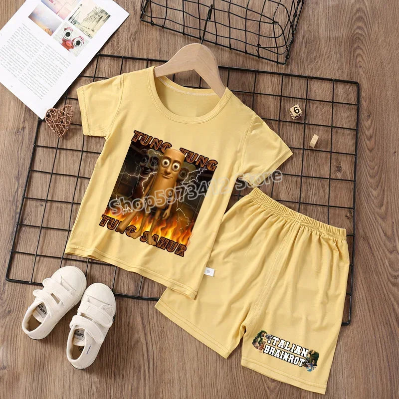 Italian Brainrot Pajama Sleepwear Child Funny Shark Tung Sahur Meme Cartoon Soft Pyjamas Set Nightgown Girl Boy Home Loungewear