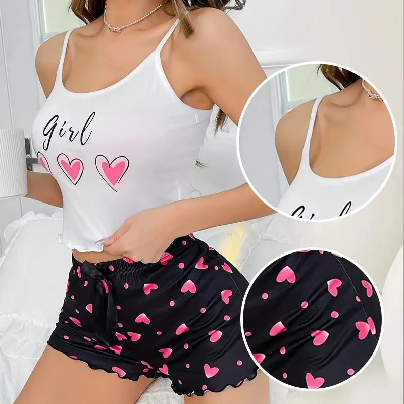 Women's pink heart-shaped printed milk pajamas two-piece set summer casual home wear camisole vest and shorts pajamas set