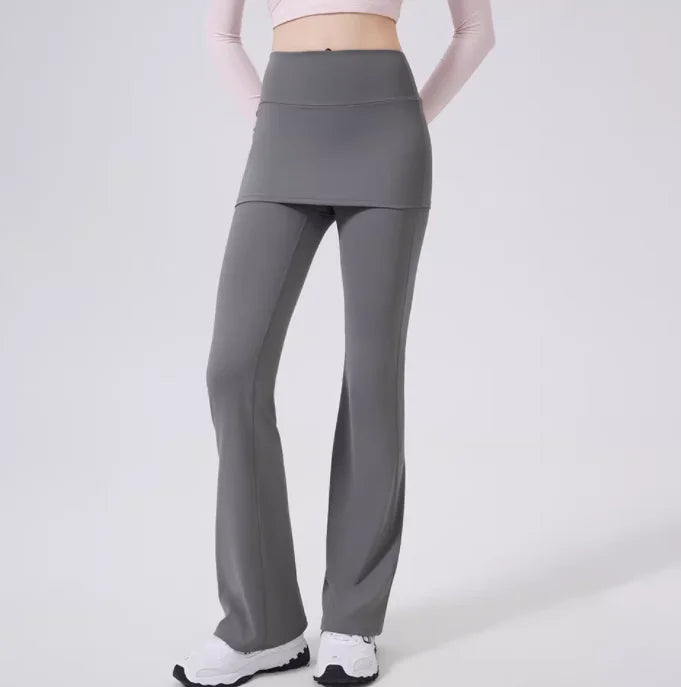 Fake two high waisted slightly flared pants with hip covering skirt for women's running, dance training, Pilates sports pants