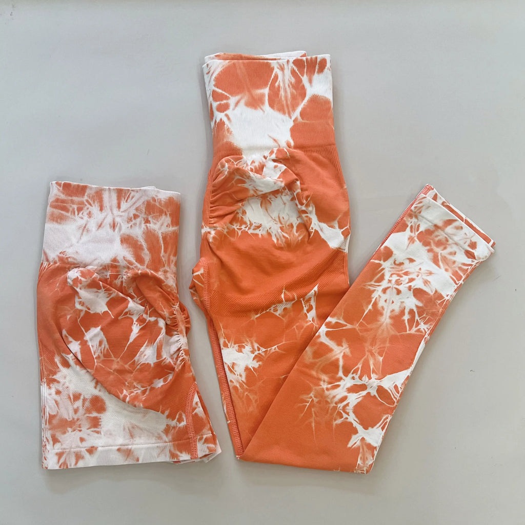 Women Tie Dye Leggings Shorts Gym Workout Scrunch Yoga Pants High Waist Sportswear Orange