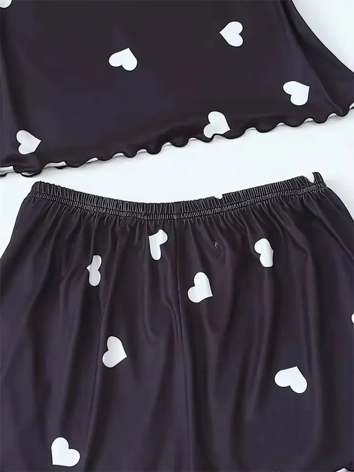 S M L XL 2XL 5 Size Choose Women's Two-Piece Suspender Heart Printed Top and Shorts Women's Casual Printed Pajama Set Homewear