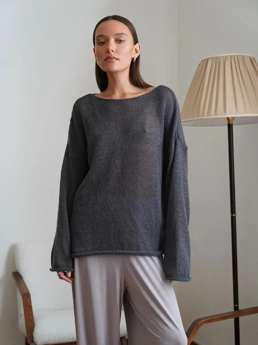 TARUXY Hollow Knitted Sweater Pullover 2024 Autumn New Women's See Through Thin Large Round Neck Bell Long Sleeve Knit T-Shirt