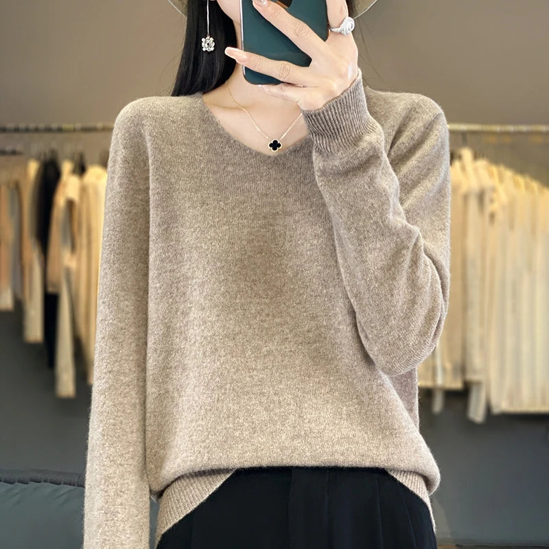 New Women's V-neck First-line Ready-To-Wear Sweater Long Sleeve Jumper Loose Fashion Comfortable Solid Color SweaterZD