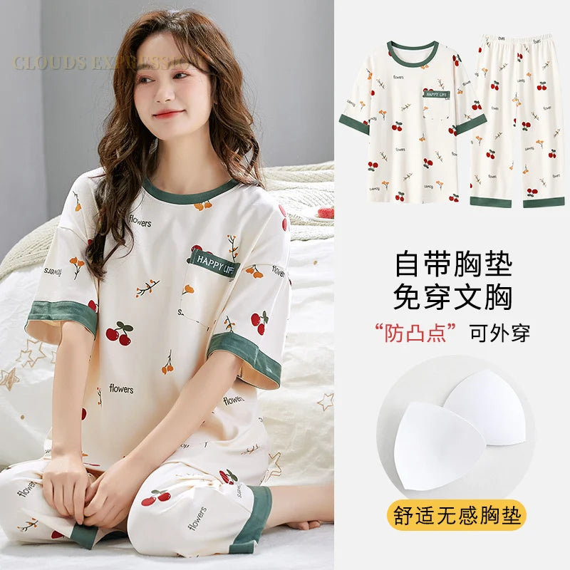 Summer Nightwear Pj Young Womens Pajama Sets Bust-Padded Pyjamas Femme Cartoon Sleepwear Female Loungewear Pijama Mujer Homewear