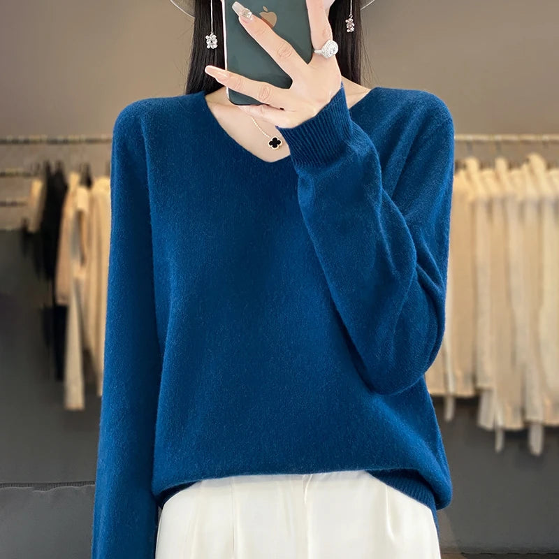 New Women's V-neck First-line Ready-To-Wear Sweater Long Sleeve Jumper Loose Fashion Comfortable Solid Color SweaterZD