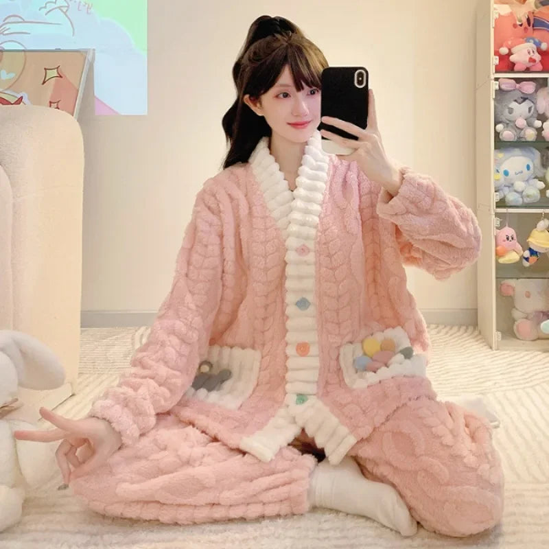 5XL Plus Size Winter Warm Sleepwear Women Korean Sweet Pajamas Set Nightwear Flannel Cardigan Night Wear Home Clothes Outfits