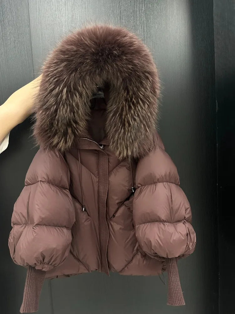 Lagabogy 2025 New Winter Large Real Fur Hooded Puffer Jacket Women White Duck Down Mid Long Parka Thick Warm Knitted Sleeve Coat