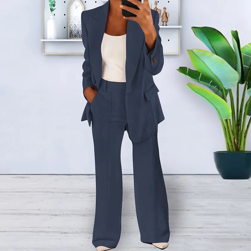 Women's Sets Two 2 Pieces Sale Casual Pocket Single Button Blazer Jackets& High Elastic Waist OL Workwear Wide Leg Pant Suits