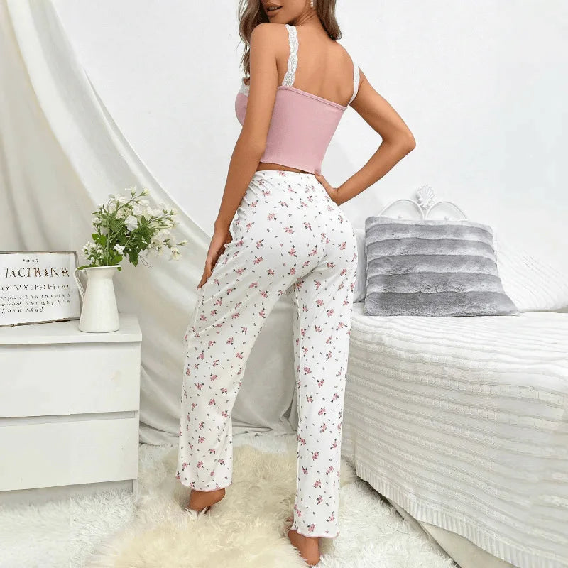 Pajamas 2 Piece Sets Women Camisole Pants Summer Lace Sleeveless Flower Print Sling Top Trousers Sleepwear Cute Nightwear Suit