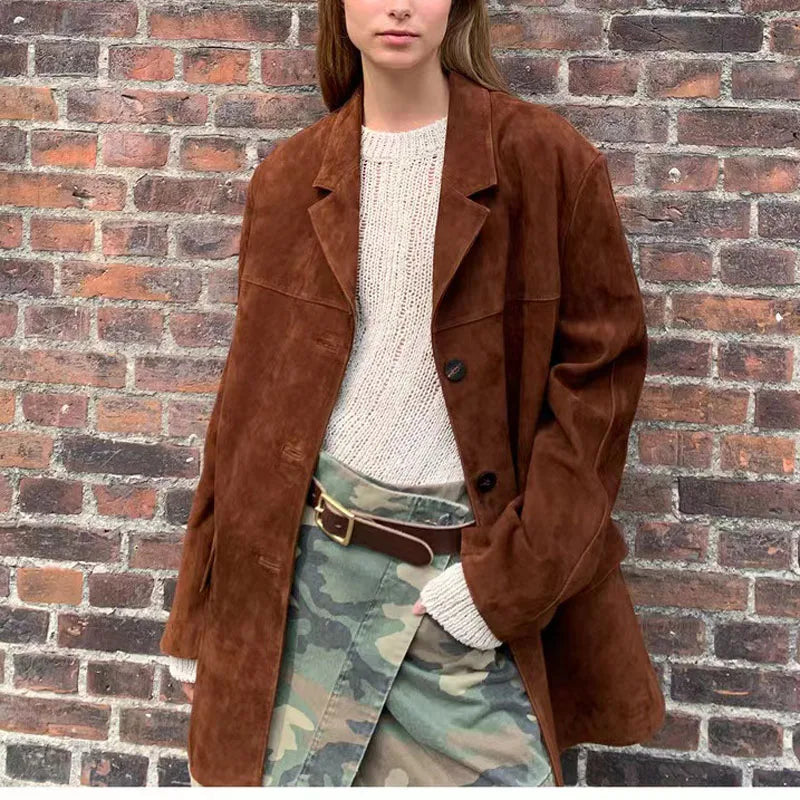 Vintage Brown Kid Suede Jacket for Women 2026 New High Sense Loose Oversized Leather Suit Blazer Female Casual Coat Streetwear