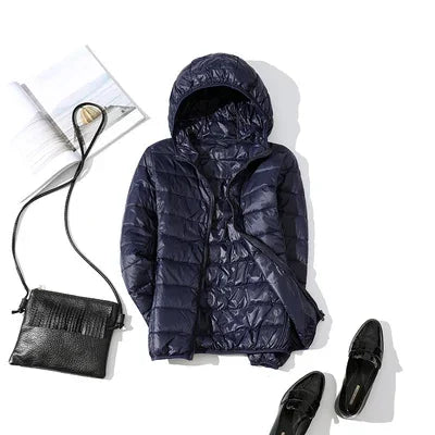 Women's Fashion Hooded Short Puffer Jackets 2025 New Spring Winter 90% White Duck Down Lightweight Packable female Warm Parka