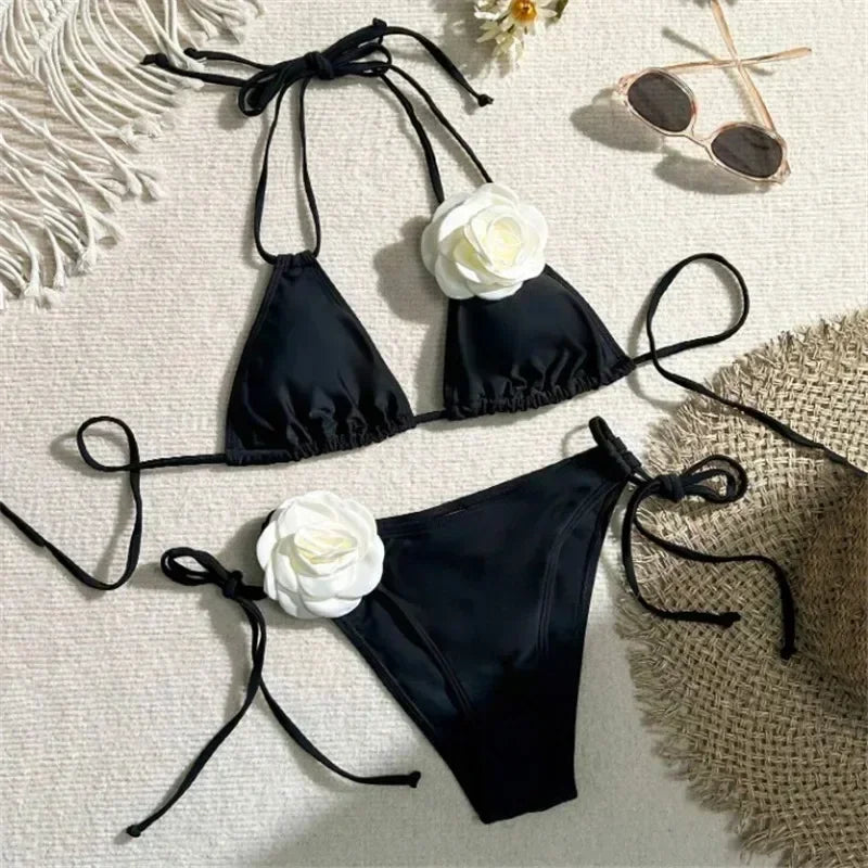 Sexy Flower Bandeau Swimwear Thong Bikini Women Lace-up Swimsuits Swimming Bathing Suit Brazilian Bikinis Set Mujer Biquini