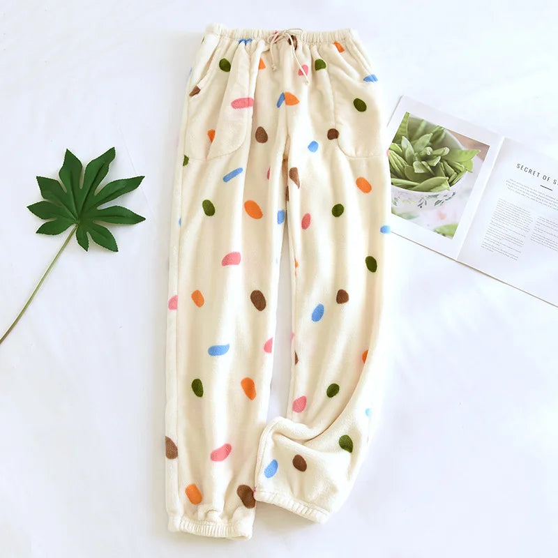 Winter Pajamas Home Pants For Women Elastic Trousers Loose Warm Thicken Fannel Pijamas Pants Sleepwear Printed Autumn Nightwear