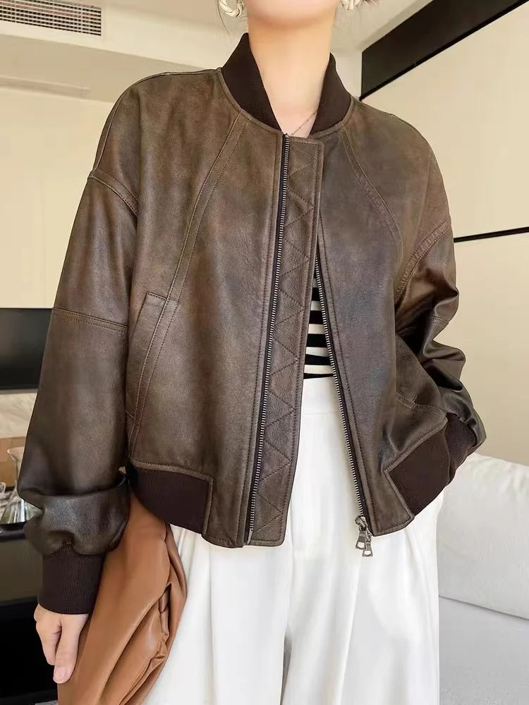 Leather Cropped Bomber Jacket For Women 2025 Winter European Old Money Designer Female Distressed Sheepskin Short Coat Outwear