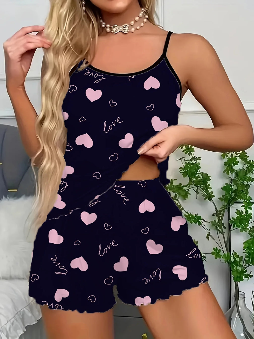 2 Pieces Pajama Set Women Love Heart Print Spaghetti Strap Shorts,Knit Fabric Sleepwear for All Seasons, Adult Lounge Set
