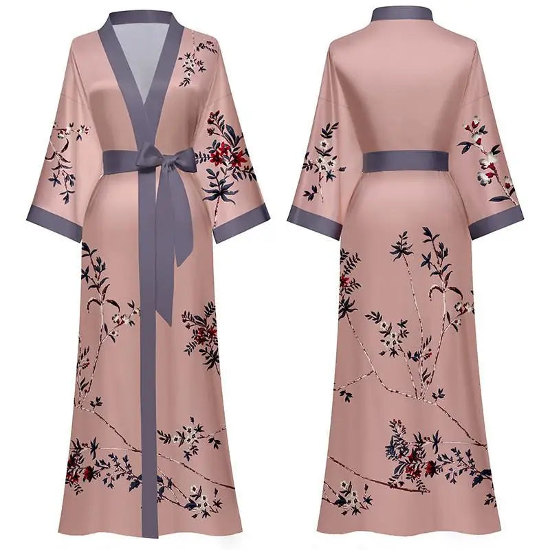 New Spring Summer Women Long Robe Kimono Bathrobe Gown Sexy Black Print Sleepwear Nightgown Casual Half Sleeve Satin Home Dress