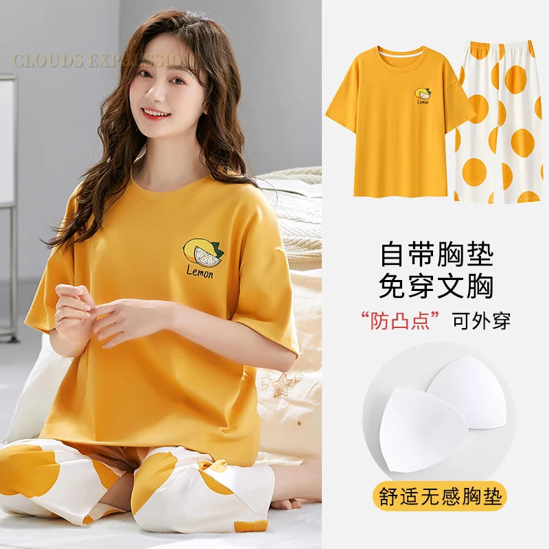 Summer Nightwear Pj Young Womens Pajama Sets Bust-Padded Pyjamas Femme Cartoon Sleepwear Female Loungewear Pijama Mujer Homewear