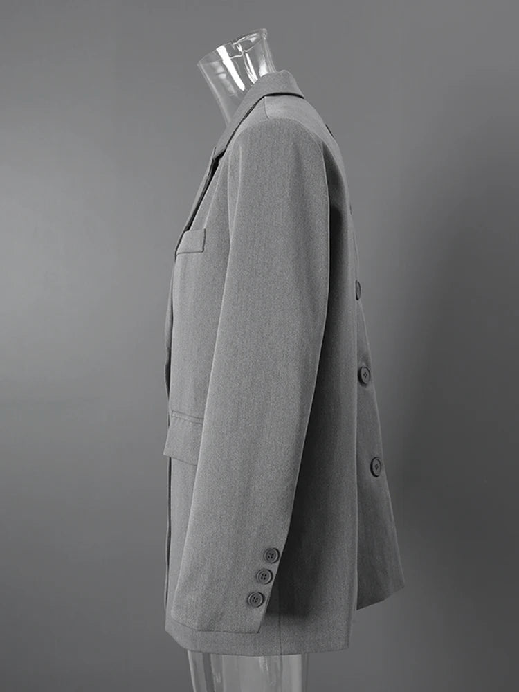 [LANMREM] Tide Designer Back Button Blazer For Women Gray Notched Long Sleeve Fashion Female Coat 2025 Spring New Clothing