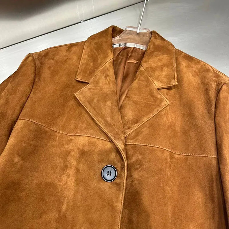 Vintage Brown Kid Suede Jacket for Women 2026 New High Sense Loose Oversized Leather Suit Blazer Female Casual Coat Streetwear