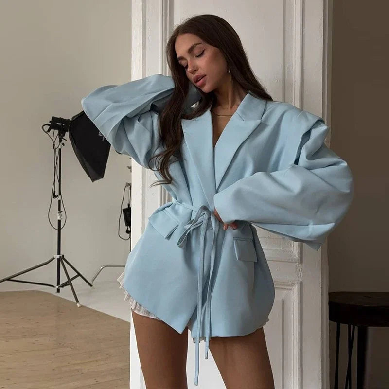 Solid Lapel Blazer Jacket For Women Oversize Notched Single Breasted Shoulder Pads Jackets 2025 Office Lady Long Sleeve Tops
