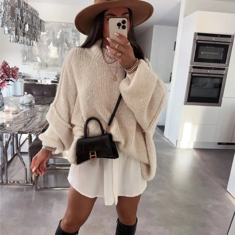 Commuter Fashion New Winter Sweater Solid Color Half High Collar Oversize Knit Pullover Loose Thick Sweater for Women Outfits