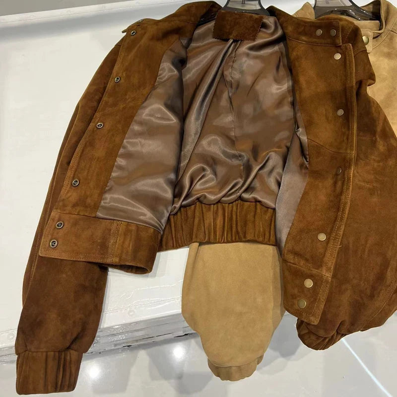 2026 Imported Goat Suede Jacket For Women Retro Standing Collar Versatile Slimming Elastic Waist  Leather Coat Chaquetas Bomber