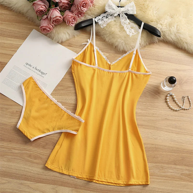 Women Pajama Cotton Suspender Nightdress 2 Pieces Pajama Set Cute Lace Nightgowns Bow Summer Sleepwear V-neck Slit Pajamas Dress
