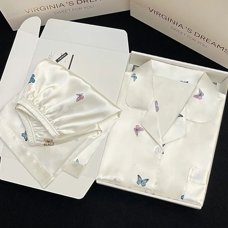 Women's Pajama Set Spring Summer 2 Piece Print Butterfly Pyjama Faux Silk Satin Sleepwear Short Sleeve Pijama Mujer Pjs Homewear