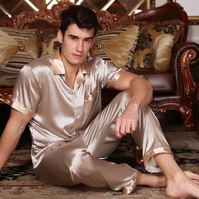 New Male Pajamas Set Homewear Print Short Sleeve Trouser Suits Pijamas Silky Satin Men Sleepwear Lounge Wear Loose Pyjama