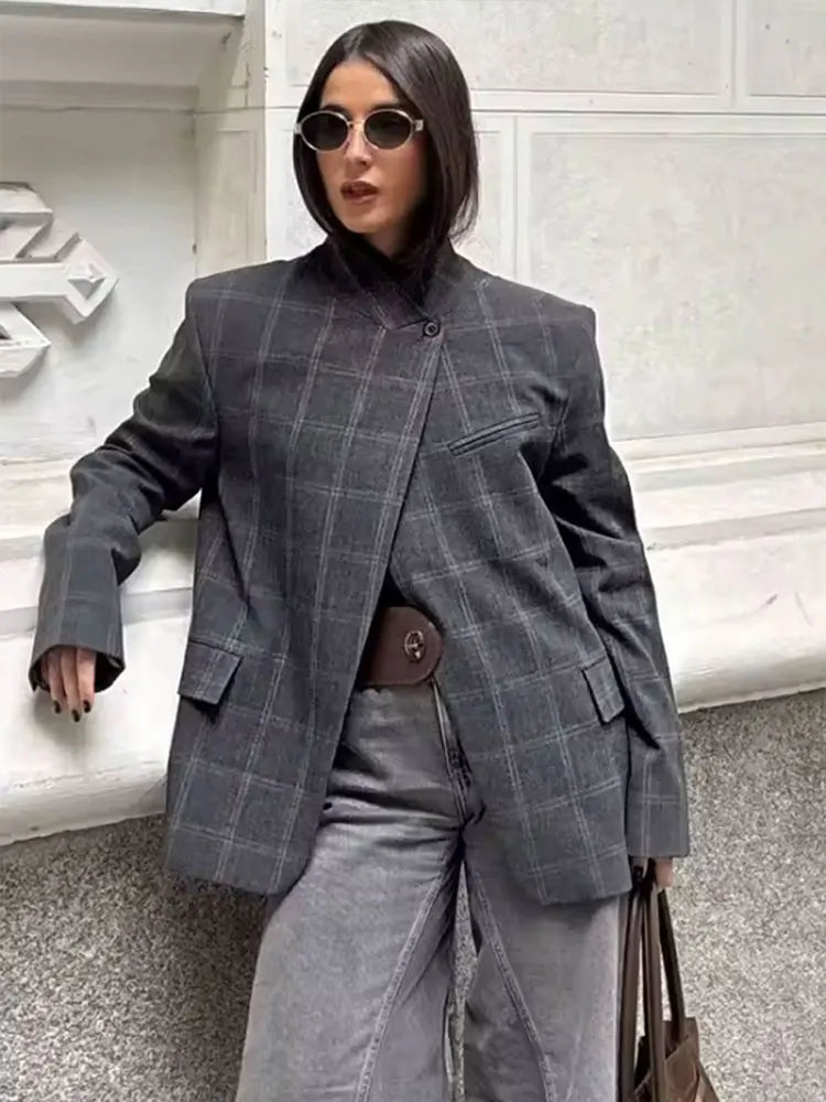 HH Women Fashion Plaid Blazer Coat Stand Collar Long Sleeve Jacket 2026 Spring Trend Casual Office Lady Chic Outerwear