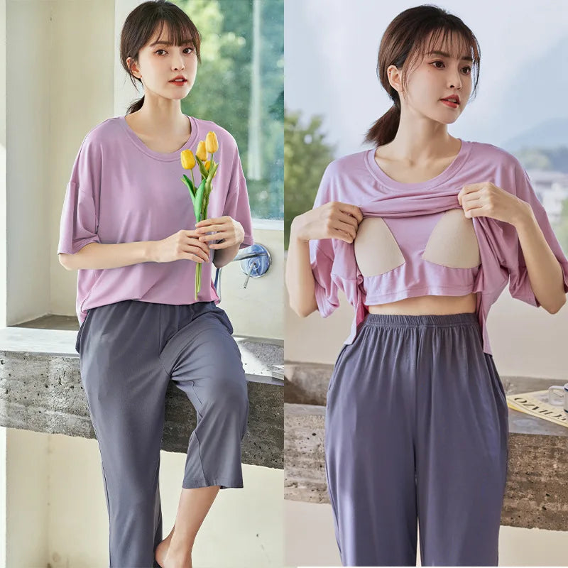 Thin With Chest Pad Summer Women's Suit Pijama New In Women's Sleepwear Short Sleeve Pajama Sets 2 Pieces Cute Clothes