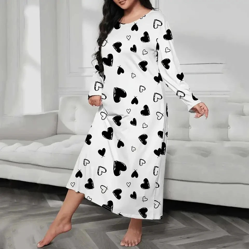 Elegant Fashion Women Long Sleeve Sleepwear Long Dresses Loose Clothes Plus Size Women's Butterfly Heart Print Sleepwear Dress
