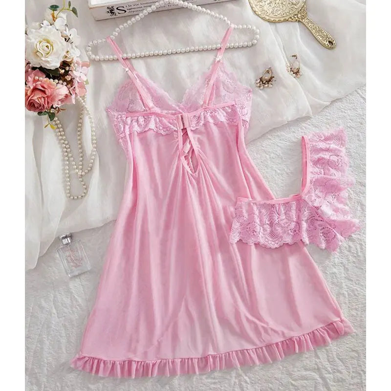 A Set Pink Cute Women Sweet Nightdress And Panty Pijamas Suit Sleeveless Halter Nightgown Short Sets V-Neck Bra Thong Luxury Kit