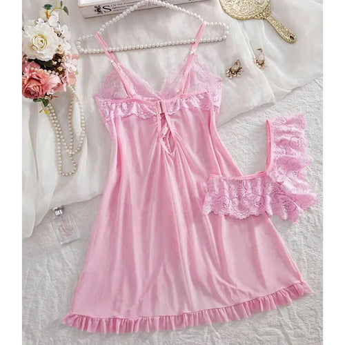 A Set Pink Cute Women Sweet Nightdress And Panty Pijamas Suit Sleeveless Halter Nightgown Short Sets V-Neck Bra Thong Luxury Kit