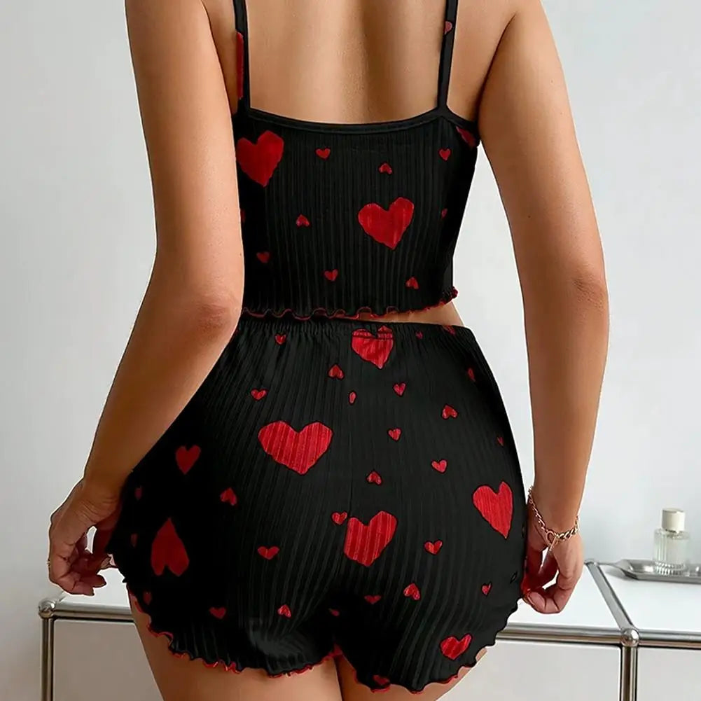 Women's Pajamas Set Sleepwear 2 PCS Short Tank Tops And Shorts S M L White Ventilate Soft Casual Heart Printing ﻿