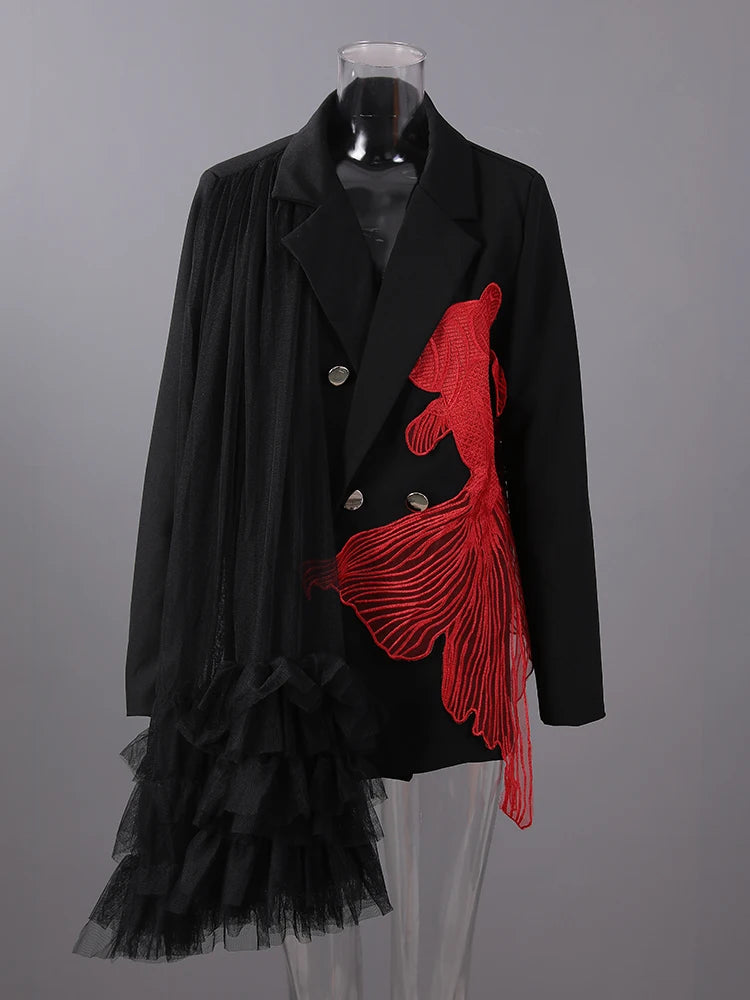 [EAM] Women Black Mesh Irregular Fish Spliced Big Size Blazer New Lapel Long Sleeve Jacket Fashion Spring Autumn 2026 CPG2902