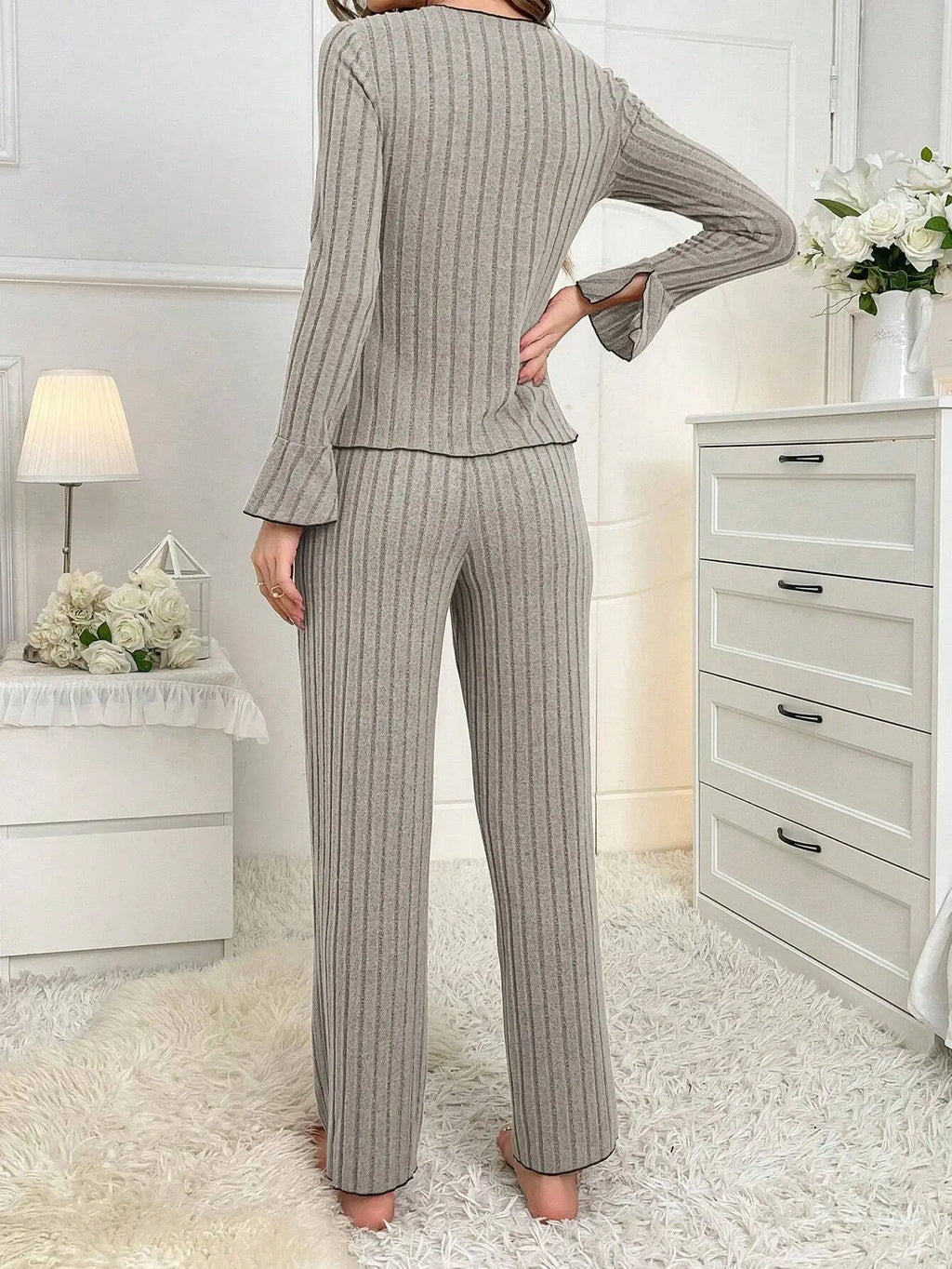 Women Autumn Winter Sleepwear Pijamas Set Lapel Bow Flannel Warm Long Sleeve Tshirt Tops and Trousers Home Suit Pajamas