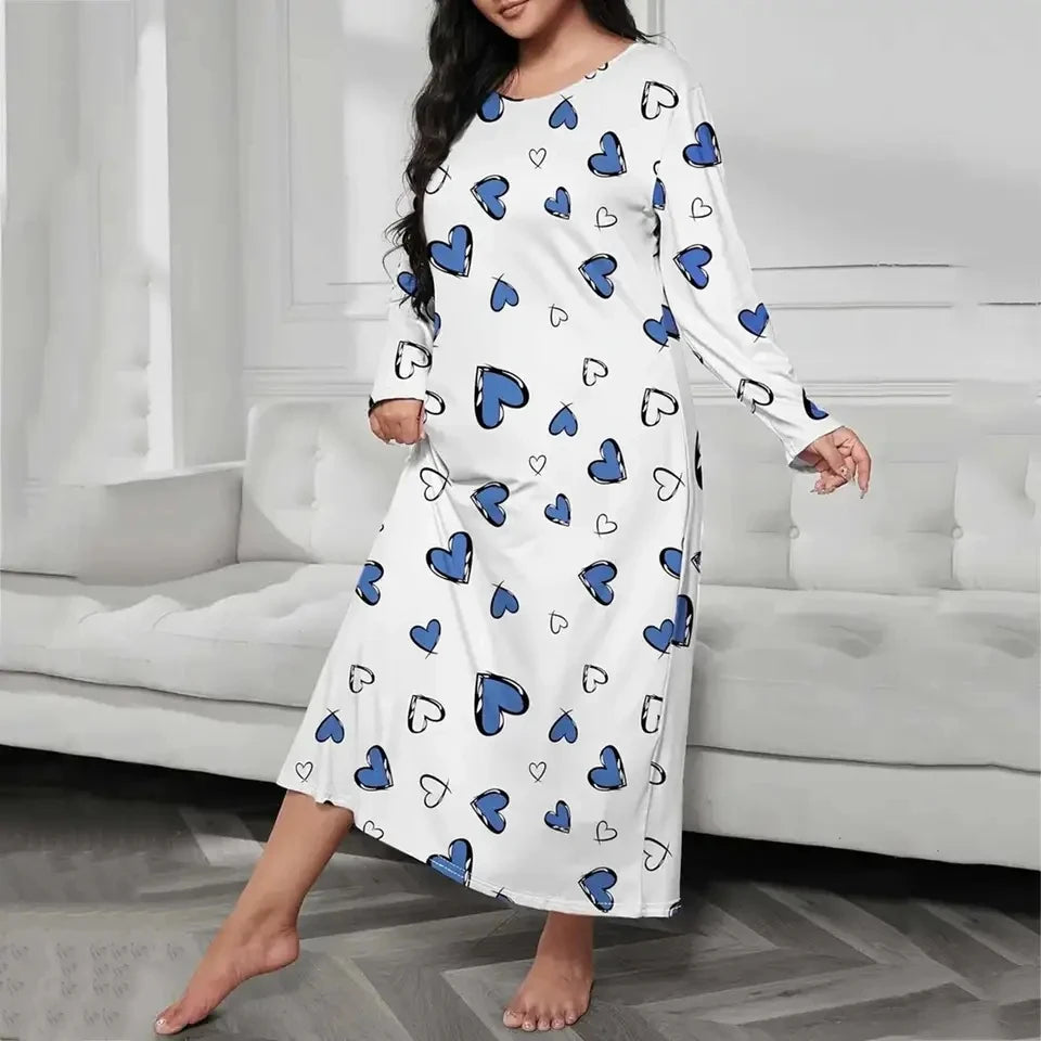 Elegant Fashion Women Long Sleeve Sleepwear Long Dresses Loose Clothes Plus Size Women's Butterfly Heart Print Sleepwear Dress
