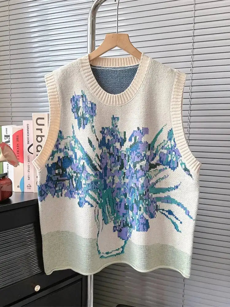 [EWQ] Vintage Oil Painting Sweater Vest Women Contrast O-neck Elastic Pullovers Knit Tank 2026 Spring Autumn Big Size Tops U5266