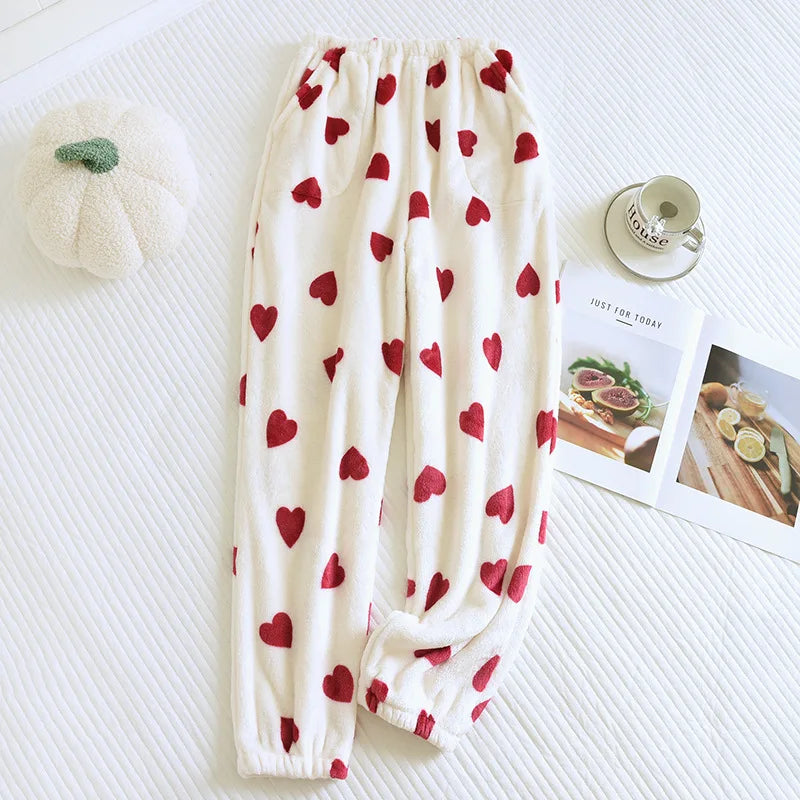 Winter Pajamas Home Pants For Women Elastic Trousers Loose Warm Thicken Fannel Pijamas Pants Sleepwear Printed Autumn Nightwear