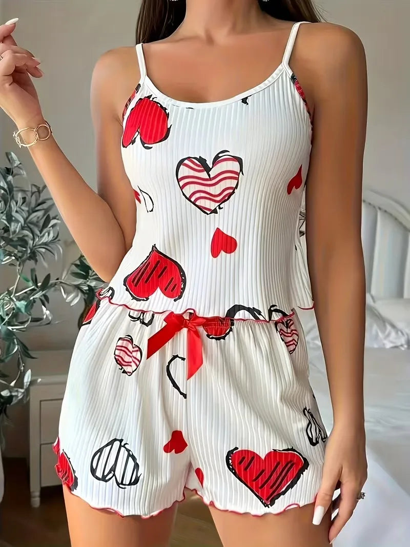 4 Size Choose S M L XL Women's Two-Piece Suspender Heart Printed Top and Shorts Women's Casual Printed Pajama Set