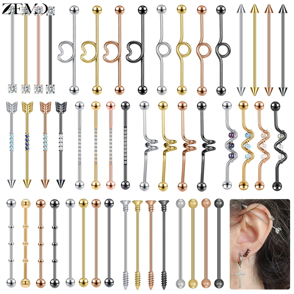 ZEMO 1 Piece 14G Stainless Steel Long Industrial Piercing Women Men 38MM Stud Earrings Barbell Taper Arrow Conch Helix Piercings