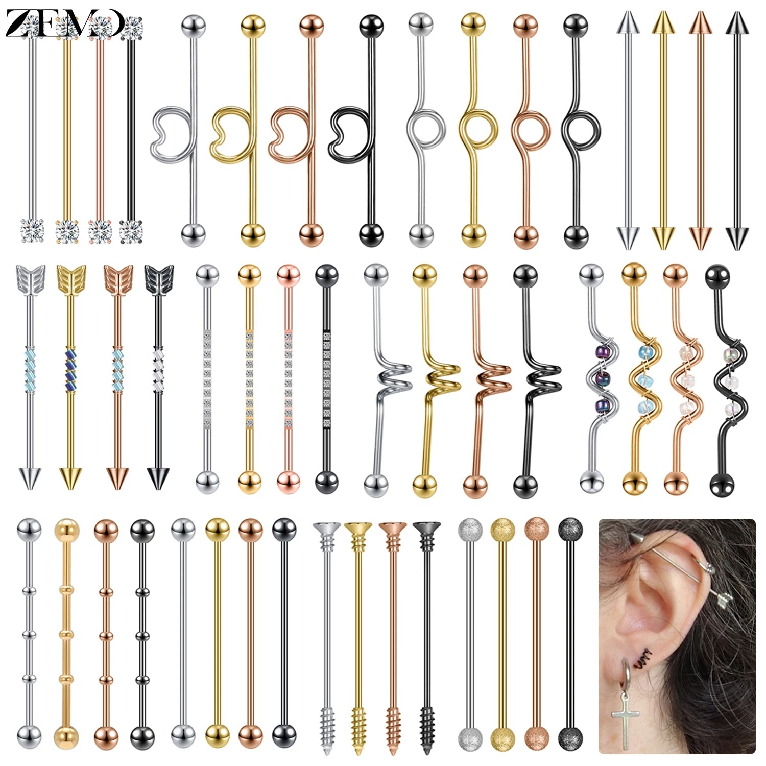 ZEMO 1 Piece 14G Stainless Steel Long Industrial Piercing Women Men 38MM Stud Earrings Barbell Taper Arrow Conch Helix Piercings